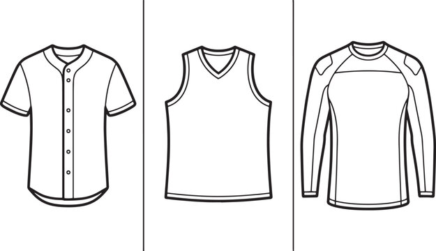 Basketball jersey and baseball shirt linear vector template for sports apparel collection
