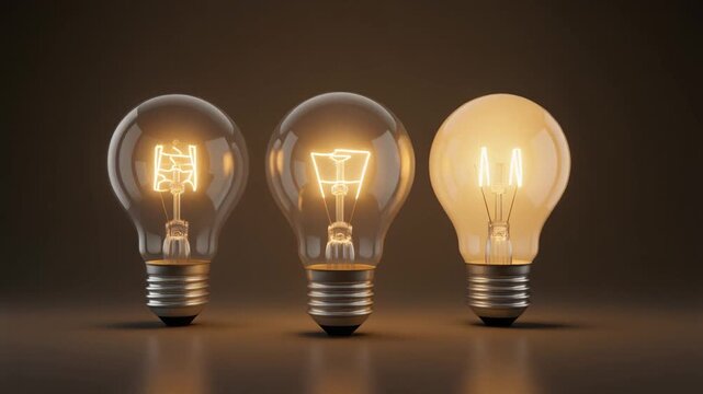 Four incandescent light bulbs, three illuminated and one unlit, symbolizing ideas, innovatio.