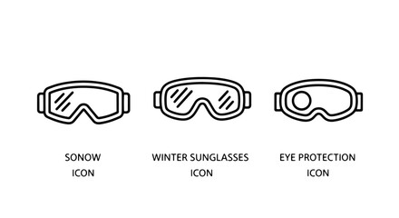 Line icons for eye protection: different styles of ski goggles and sunglasses for winter sports and outdoor activities.