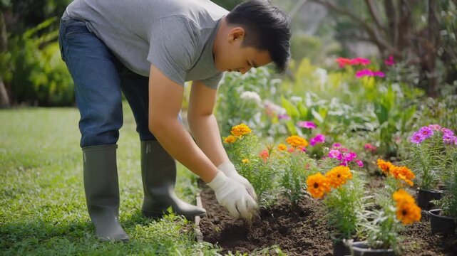Gardener Planting Colorful Flowers in Sunny Garden.