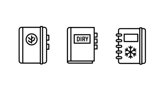 Outline icons representing different types of books or journals, including a planner and a diary.