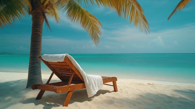 Serene beach scene with a wooden lounge chair under palm trees. White towel rests on the cha.