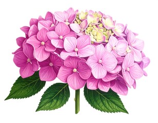 Fototapeta premium A close-up view of a vibrant pink hydrangea bloom and its fresh green leaves on a white background