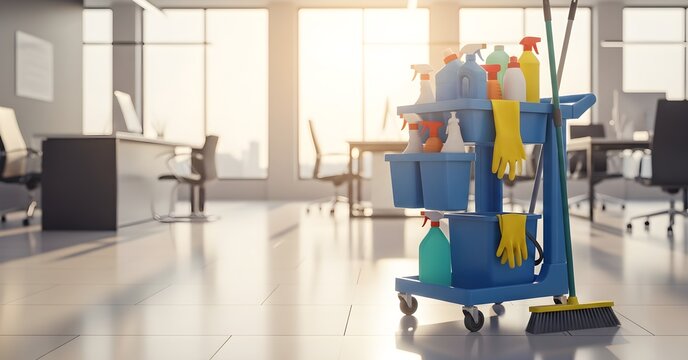Cleaning Cart In An Office with Cleaning Supplies Ready for Cleaning the Workplace