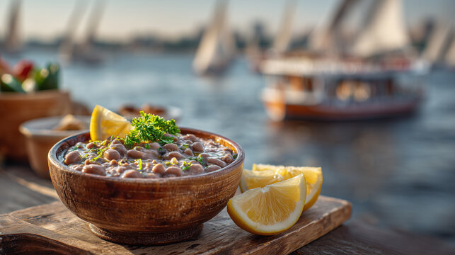 Traditional Egyptian Ful Medames with Nile River and felucca background
