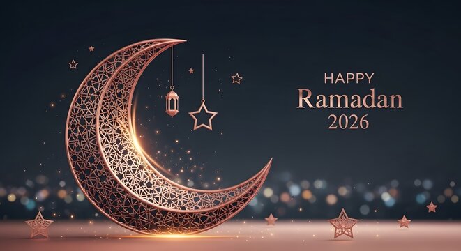 Happy Ramadan 2026 greeting with glowing crescent moon and stars