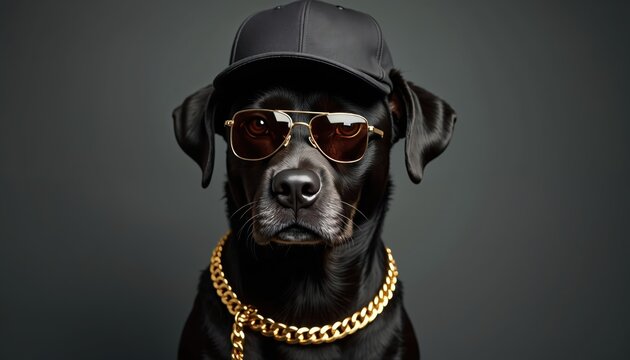 Black dog wears baseball cap sunglasses and gold chain. Canine poses confidently against plain gray studio backdrop. Pet displays cool attitude with urban fashion style.
