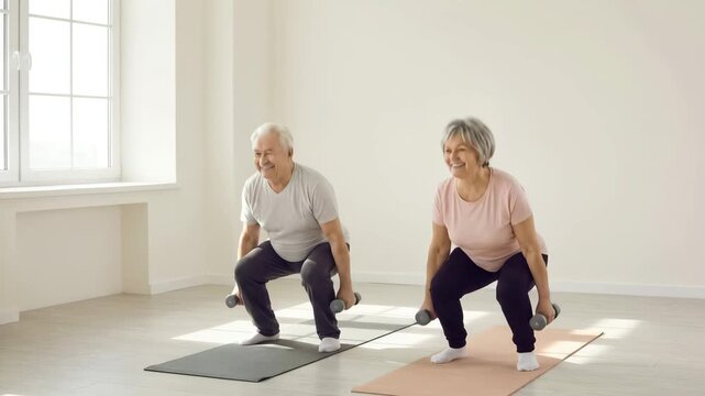 Smiling senior caucasian couple doing strength exercises with dumbbells during home workout concept of active aging and healthy lifestyle