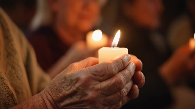 Close-up of elderly hands gently holding a lit candle, surrounded by a blurred background 