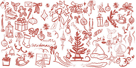 Hand Drawn Christmas Doodles Set in Red Line Art