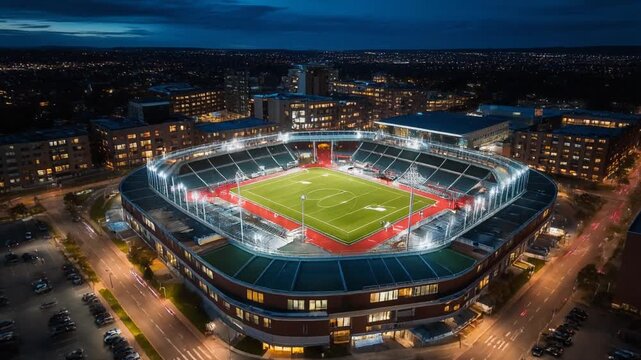 Aerial view of a brightly lit football stadium in a city at dusk, surrounded by buildings 