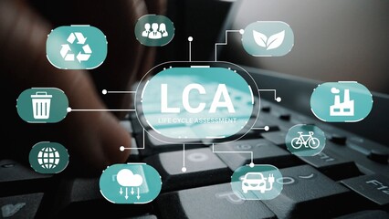 Life Cycle Assessment Concept with Icons, Sustainability Focus, Environmental Impact Evaluation, Eco-Friendly Practices, Technology Integration Gluon.