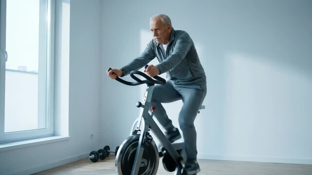 Focused senior caucasian man exercising on stationary bike during home cardio workout in bright room concept of heart health and active aging
