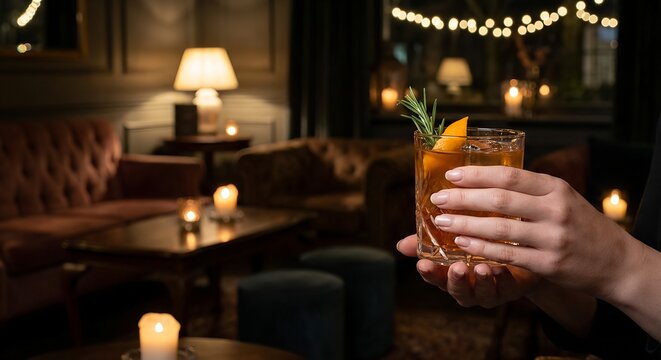 Close-up of a woman's hands holding an elegant cocktail in a warm, dimly lit bar for a luxury leisure concept and sophisticated evening ambiance