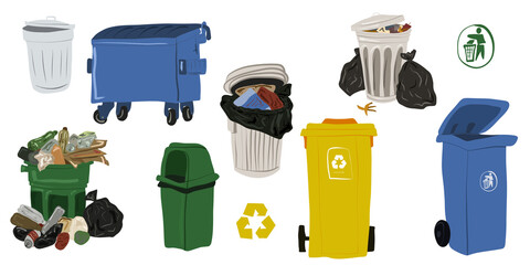 Garbage and Recycling Bins Collection, Waste Sorting Illustration