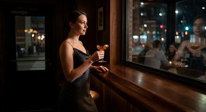 Elegant woman holding a cocktail, looking out a bar window at night for urban contemplation concept and sophisticated evening ambiance