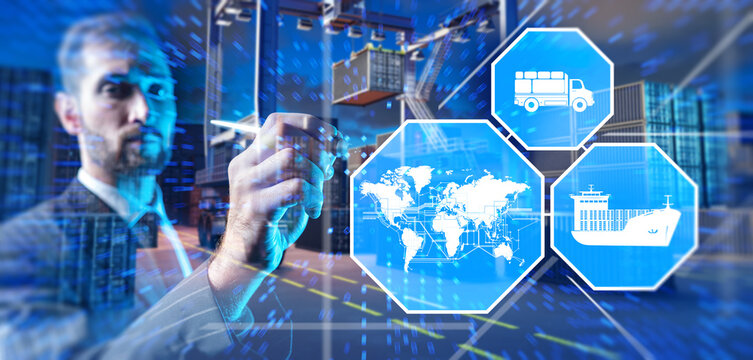 Global logistics coordination and digital supply chain planning as a specialist manages cargo transport routes by truck and ship using data interfaces at a port terminal.