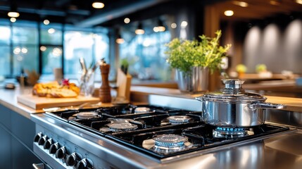 Stainless steel gas stove cooking meal in modern kitchen