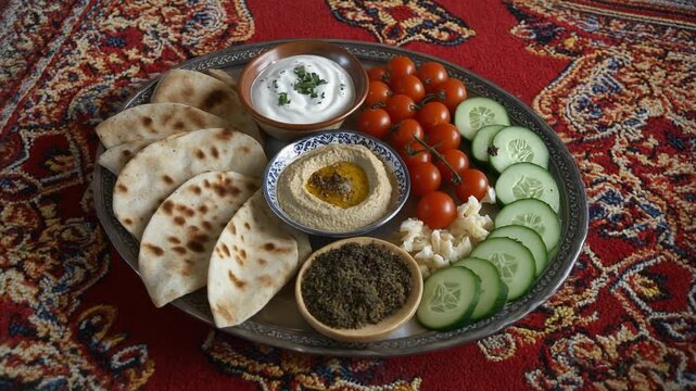 A Middle Eastern mezze platter featuring pita bread, hummus, yogurt dip, za'atar, cherry tom.