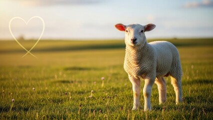 Fototapeta premium Young lamb standing in a grassy field at sunset Keywords: lamb, sheep, young animal, farm
