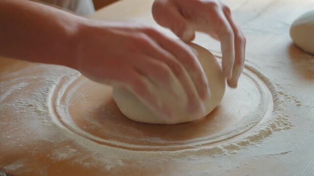 A baker's hands knead a ball of dough on a flour-dusted wooden table, creating a circular