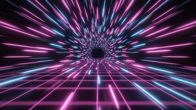 Accelerating through a vibrant neon light tunnel with glowing grid lines in cyber space