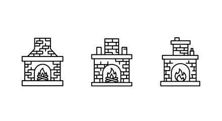 Naklejka premium Fireplace icons: brick hearths with warm, glowing fire and chimney, cozy home heating symbols.