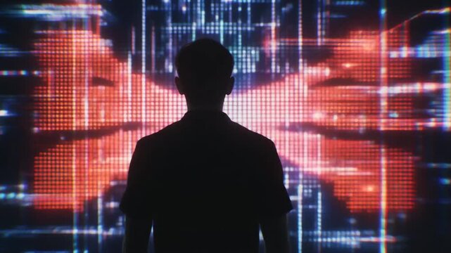 Silhouette of a person standing before a vibrant digital display, capturing the essence