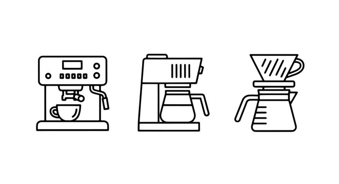 Vector icons showcasing three types of coffee makers: an espresso machine with cup, a drip coffee maker with carafe, and a pour-over coffee brewer