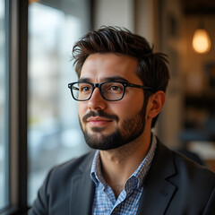 Obraz premium A young professional man with glasses and a beard looking out the window in a modern office setting