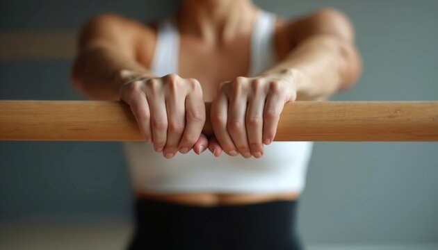 Woman holds wooden barre for ballet or fitness training. She wears sports bra and leggings. Her hands grip firmly for support during practice in a studio.