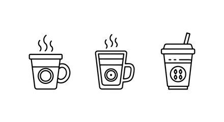 Hot Coffee, Latte, and Takeaway Drink Cups Outline Icons Set for Cafe, Restaurant, and Beverage Menus