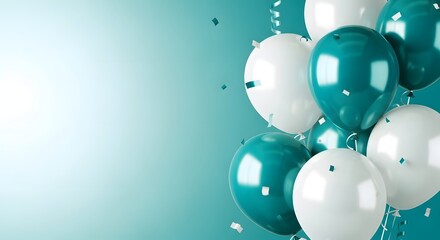 Teal and white balloons on gradient background with confetti