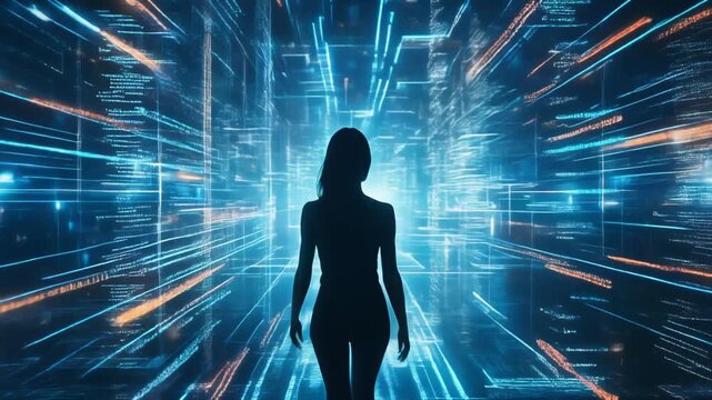 A silhouette of a woman surrounded by streams of data, representing a futuristic blend 