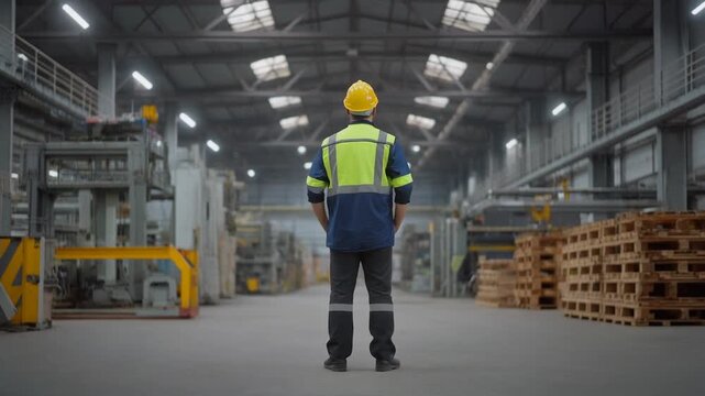 Wide shot of back view of Industrial worker. Back view of manager industrial engineer