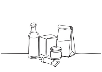 Doodles sketch set of products from the store laid out on the table on white background