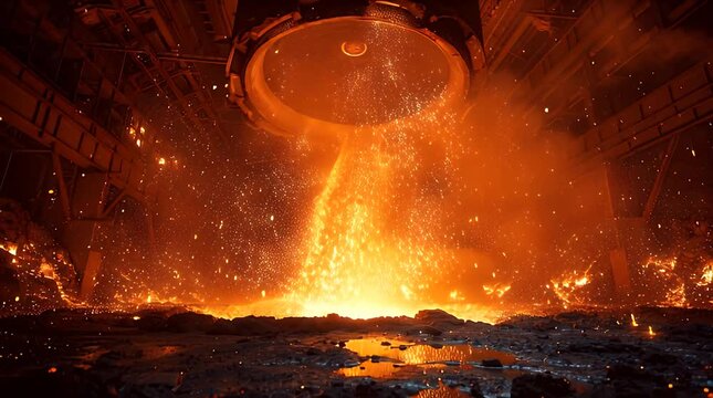 Molten Metal Pouring from Ladle in Factory.