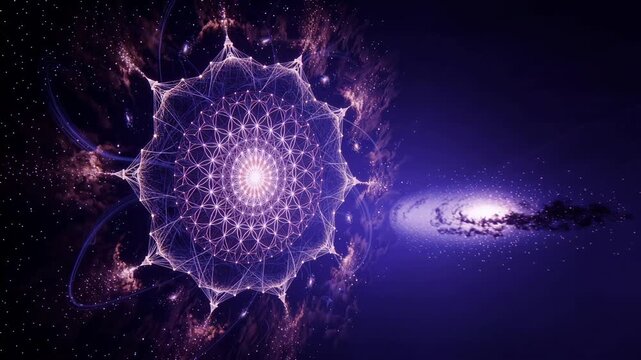 Big bang origin of the universe visualized as sacred geometric cosmic explosion in deep space. Concept of cosmology, creation of reality, and fundamental structure of existence