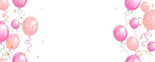 Pink, orange balloons and confetti for Valentine day, greeting card, love festival frame template seamless vertical