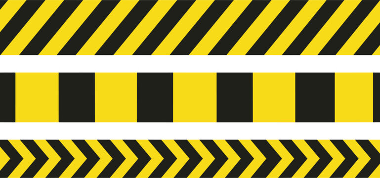 Yellow and Black Caution Warning Tape Vector Illustration Set Featuring Diagonal Stripes Checkered and Chevron Patterns for Safety and Construction Designs