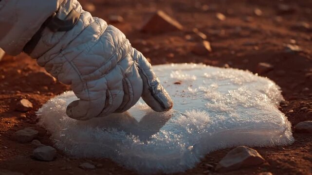 A pioneering astronaut's gloved hand gently touches a patch of extraterrestrial ice on a barren red planet, symbolizing humanity's quest for water and discovery