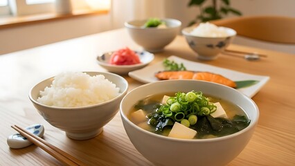 Traditional Japanese Breakfast: Miso Soup, Rice, Salmon, and Pickles