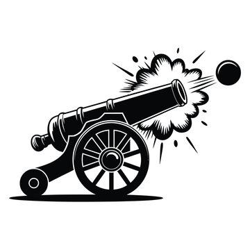 A vintage cannon firing a cannonball depicted in a black and white style