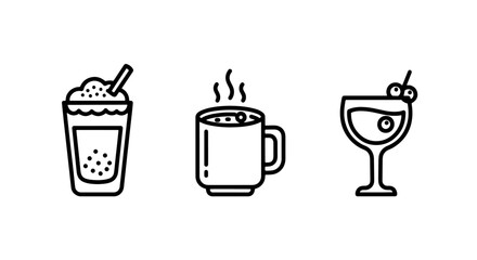 Hot Drink Icons: Iced Coffee, Steaming Mug, and Cocktail for Cafes and Winter Season