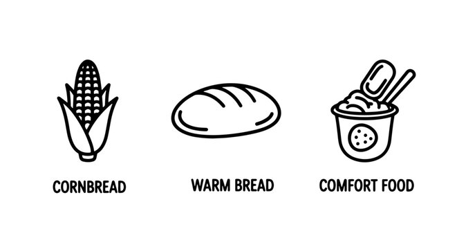 Comfort food icons: corn on the cob, crusty loaf of bread, and bowl of soup or stew.