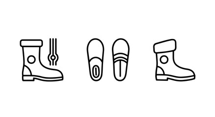 Footwear Icons: Wellington Boots, Slippers, and Ankle Boots in Line Art