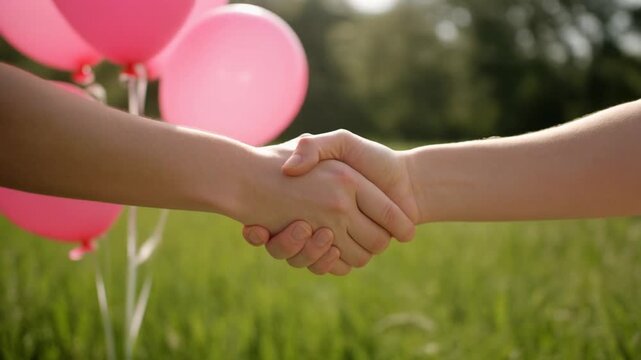 Friendly handshake with pink balloons in sunny green field, representing connection and cele.