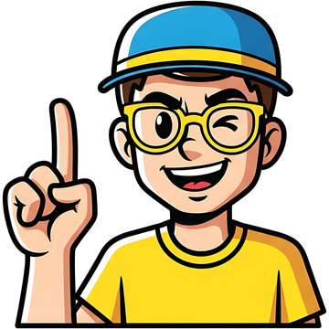 Cute Smiling Boy Mascot Cartoon Illustration Pointing Finger Up, Friendly Kid Character Avatar with Glasses and Cap, Fun Youth Vector for Education, App Icon, Branding, Sticker and Social Media Design