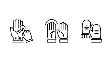 Obraz premium Hand protection icons: touchscreen gloves, winter mittens, and hand gesture, line art