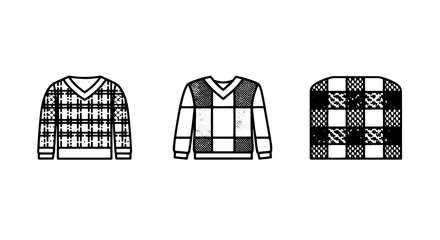 Pattern icons: three plaid and checkered sweaters in line art style, simple graphic design for fashion and textile concepts.